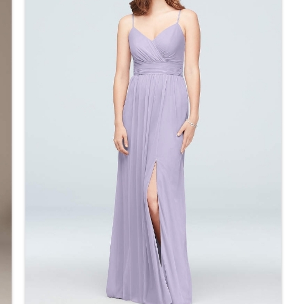 SPAGHETTI STRAP RUCHED WAIST MESH BRIDESMAID DRESS